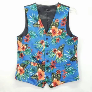 J Ferrar Vest Waistcoat Mens Medium Blue Black Hawaiian 100% Polyester V-Neck - Picture 1 of 10