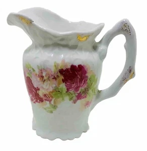 FLORAL Pitcher Creamer Vase Gold Accents 4.5"H White Ceramic Hand Painted 1961 - Picture 1 of 8