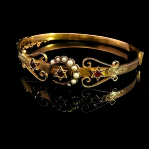 Antique 9ct Yellow Gold Bangle with Seed Pearls & Ruby Stars, Crescent Design - Picture 1 of 19