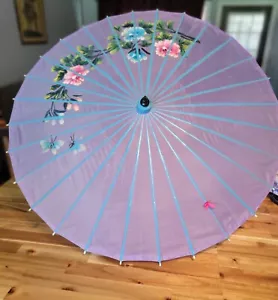 Vintage 22" Bamboo & Lavendar Silk Flowers & Butterfly's Parasol / Unbrella - Picture 1 of 10
