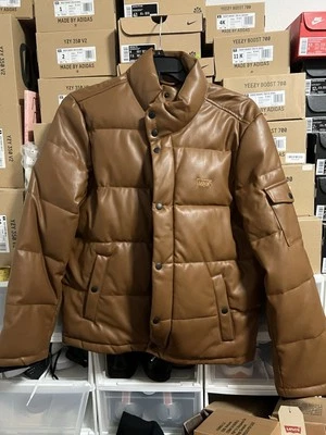 Levi's Men’s Bubble Puffer Coat Jacket Faux Leather Saddle Brown Large Msrp $225 - Image 1 of 4