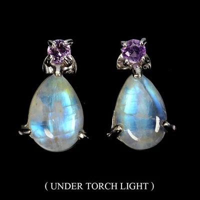 925 Sterling Silver Earrings Pear Moonstone 10x7mm Amethyst Gemstone Jewelry - Image 1 of 4