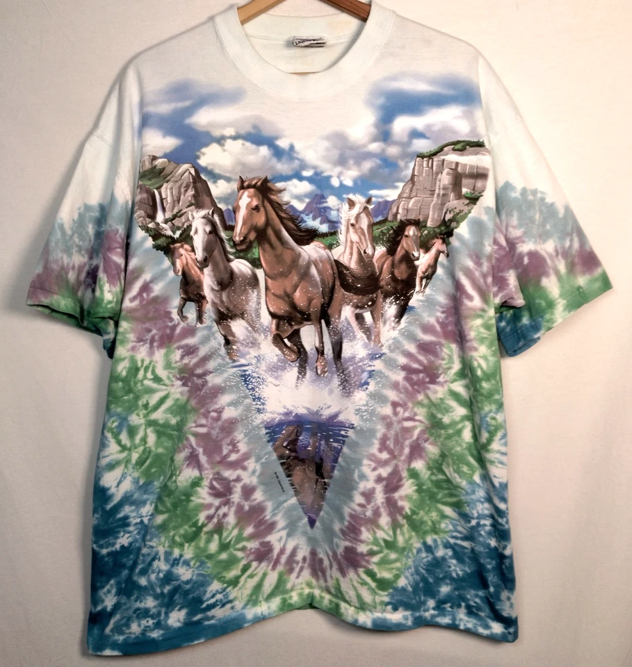 Vintage Liquid Blue Tie Dye Shirt XL Horse Graphic Horses Equine Mountains USA - Imagem 1 de 4