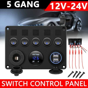 5-Gang 12V/24V Inline Fuse Box LED Switch Panel Dual USB Car Boat Truck Camper - Picture 1 of 13