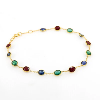 Emerald Ruby Sapphire Bracelet 14K Gold Multi Gemstone Birthstone Jewelry - Image 1 of 4
