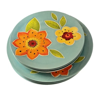 Gatesware Melamine by Laurie Gates Set of 8 Plates 11" & 9" Textured Floral - Image 1 of 4