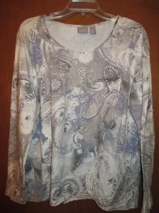 Chicos 3 GraySilverWhite Top 25"Undrarms Slvs24" Lngt26" CottonSpandex - Picture 1 of 8