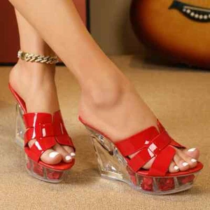 Sandali Zeppa 10.5 cm Sabot Plateau Rosso Trasparente Pelle Sintetica 74316 - Foto 1 di 2