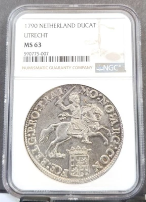 1790 PAÍSES BAIXOS PRATA 1 DUCATON UTRECHT NGC MS 63 EXTREMAMENTE RARO TOP POP 1 - Imagem 1 de 3