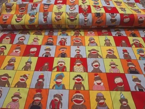 2 YDS VINTAGE MODA FUNKY MONKEY SOCK MONKEY SQUARES FABRIC - MODA MAX & NOBIE - Picture 1 of 5