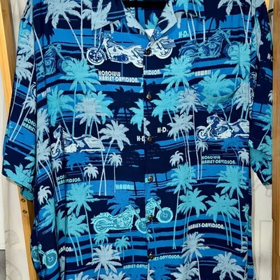Camisa Harley Davidson Motocicletas Azul Hawaiana Aloha 2XL Foto 1 de 4