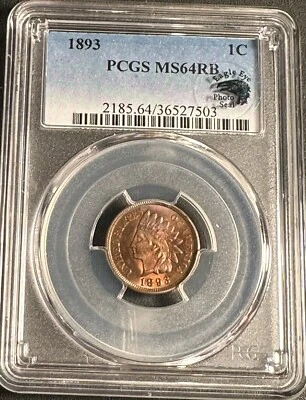 1893 Indian Head Cent PCGS MS64RB Eagle Eye Photo Seal - Image 1 of 2