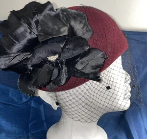 Luzvimin by Maria Eugenia newyork Pillbox Hat 100% Wool Blk Flower & Mesh - Picture 1 of 11