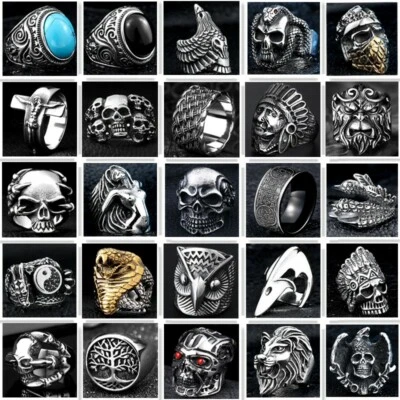 Cool Skull Man Ring 316L Stainless Steel Steam Ram Men Punk Rings Gothic Bands - Image 1 of 2