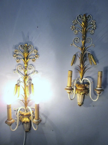 Vintage Antique Pair Italian Tole Wheat Gold Gilt Wall Sconce Lights  22" x 9" Cover