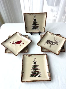 St Nicholas Square Snow Valley Salad Plates 2-Pine Trees 2-ReinDeer 2-Cardinal - Picture 1 of 10