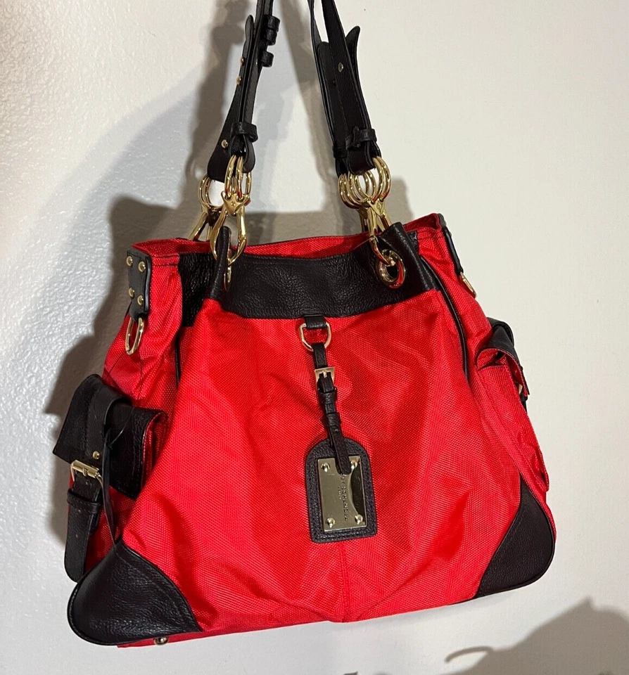 Bobby Schandra Red Black Purse Gold Hand Bag Buckle Canvas Hobo Shoulder New - Image 1 of 4