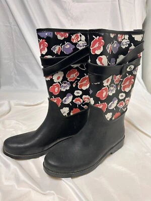 COACH Q8010 TRISHA II 黑色和花卉帆布橡胶雨靴 8 B 码 — 第 1/4 张图片