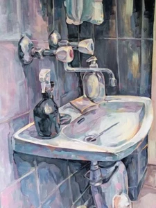 Neutral Acrylic Painting, Sink on Dark Tiles, Purple Beige Pink, Modern Art - Picture 1 of 7