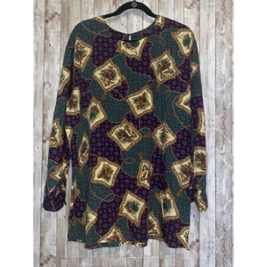 Vintage Combinations Navy Blue Dark Green Equestrian Horse Print Blouse Shirt 2X - Picture 1 of 9