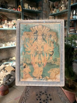 Antiguo Original Dios Hindú Vishnu Vishal Swaroop Litografía Impresión Enmarcada en Madera Foto 1 de 4