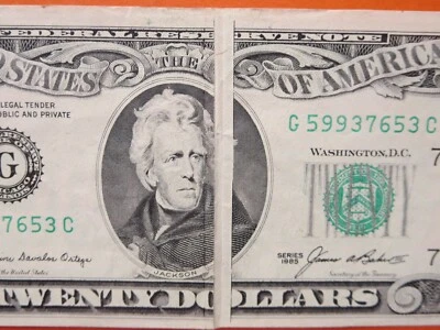 $20 1985 federal reserve note error:  large gutterfold  26-008 - Image 1 of 3