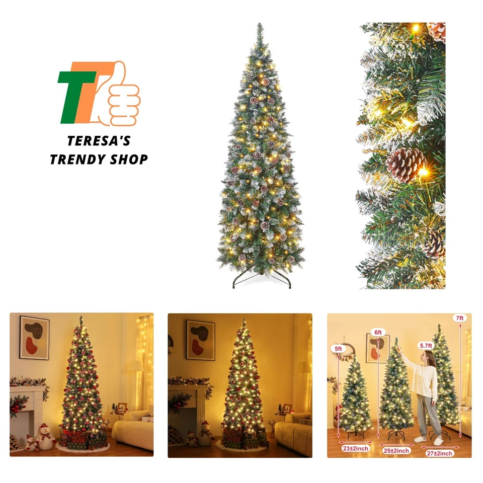 Homde Pencil Christmas Tree 6 Foot Pre-Lit Artificial Christmas Tree with Flo...