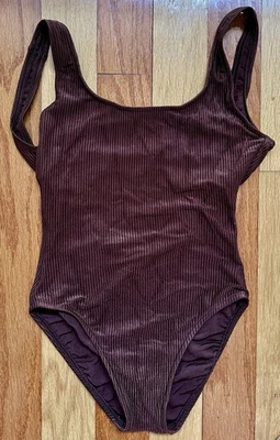 复古 20 世纪 90 年代 JANTZEN 棕色罗纹一件背心式泳装浴套装 10 — 第 1/4 张图片