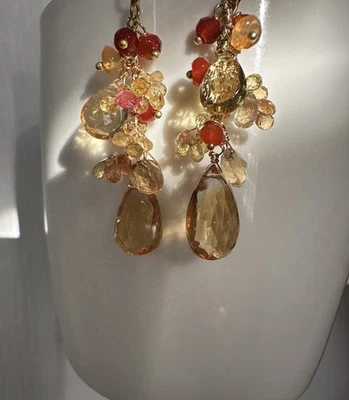 Новый ручной работы кластер цитрин рубин смесь драгоценных камней висячие серьги - Изображение 1 из 4