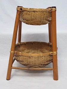 2-Tiered Bamboo Wicker Basket - Kitchen Fruit Craft Trinkets Storage Vintage 12" - Picture 1 of 12