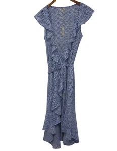 Max Studio Wickelkleid Tauchsaum blau weiß geblümt Größe Medium neu mit Etikett - Bild 1 von 8