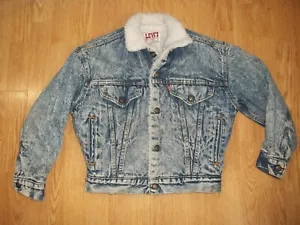 VITAGE LEVIS RED TAB SHERPA LINED ACID WASHED DENIM JEAN TRUCKER JACKET, YOUTH M - Picture 1 of 10