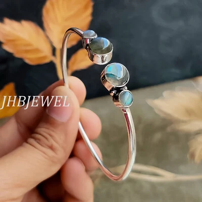 Blue Fire Labradorite Multi Gemstone Cuff 925 Sterling Silver Dainty Bracelet - Image 1 of 4