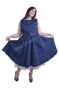 Plus size Vintage swirly vines print Blue Boat Neck Sleeveless Flare Party Dress - Picture 1 of 5