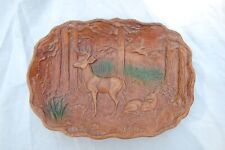 Vintage Faux Wood Bas Relief Deer in Woods Serving Tray 10" Multi Prod Inc USA