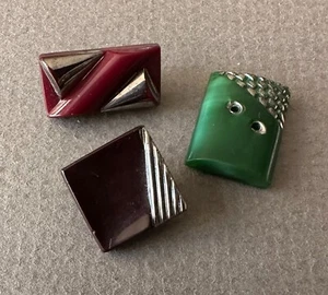 3 Vintage Art Deco Glass Buttons with Silver Trim - Burgundy, Brown & Green - Picture 1 of 1