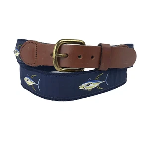 LEATHER MAN Belt Mens 42 Blue Yellow Fin Fish Leather Tab Brass Buckle 1.25" W - Picture 1 of 7