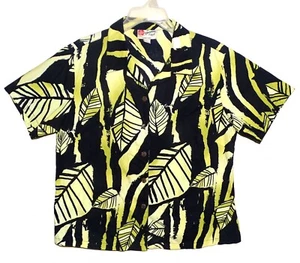 Sz XL Women Hilo Hattie Hawaiian Aloha Shirt Tropical Leaves Black/Yellow Cotton - Picture 1 of 3