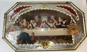 Vintage Convex Bubble Glass The Last Supper Foil Diorama Picture Metal Frame - Picture 1 of 19