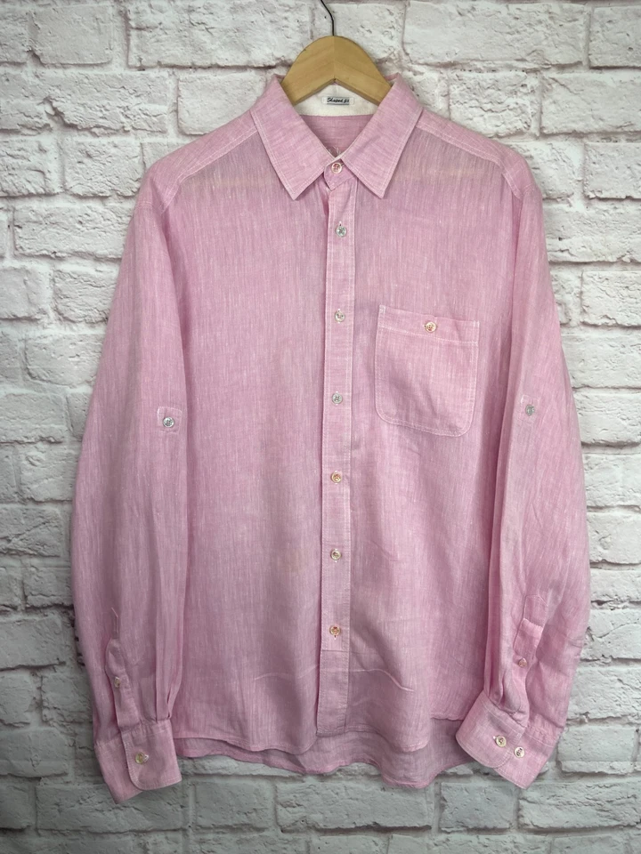 BUGATCHI UOMO Mens Pink Salmon LINEN SHAPED FIT Business-Dress Shirt SIZE 'M' - Image 1 of 4