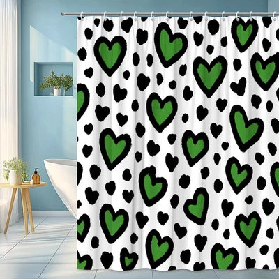 Cortina de ducha con patrón de corazón verde - Divertida decoración de baño Foto 1 de 4