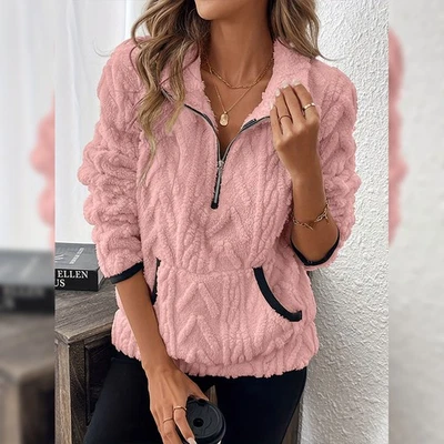 Women's Autumn and Winter Lapel Jacquard Half Zipper Plush Pocket Short Hoodie - Image 1 of 4