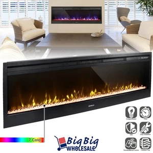 1400W 58" Wall Insert Electric Fireplace Recessed Heater Glass LED Flame Remote - Picture 1 of 13