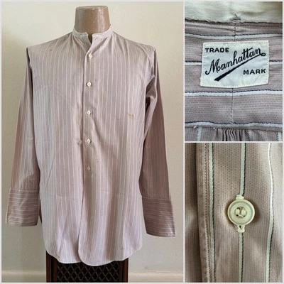 1920s 30s Vtg Manhattan Cotton Striped Band Collar French Cuffs Dress Shirt L/S - Image 1 of 4