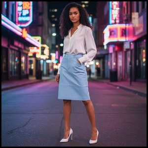 Falda midi lápiz de cuero reciclado AS by DF Becca azul polvo cintura alta para mujer M - Imagen 1 de 10