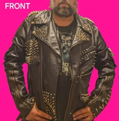 Chaqueta de moto de cuero personalizada con clavos y parches para hombre XL Foto 1 de 4