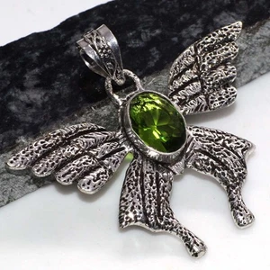 925 Silver Plated Flying Fox Bat Peridot Pendant Jewelry Size 2" AU O989 - Picture 1 of 3