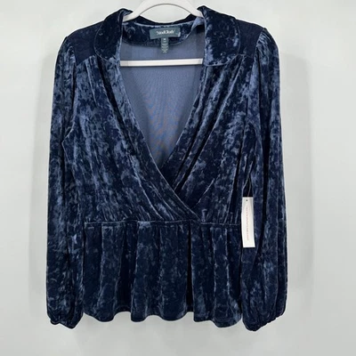 Whimsigoth Velvet Womens Babydoll Top Size M Blue Peplum Fairy Grunge Romantic - Image 1 of 4