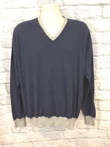 Hartford Mens Navy Blue Gray Contrast Trim Raw Edge V-Neck Pullover Sweater XXL - Picture 1 of 9
