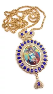 Gold Plated Pectoral Cross Blue Crystals Virgin Mary & Jesus Clergy - Picture 1 of 9